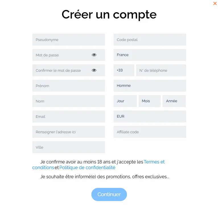 Processus d'inscription Europe777 Casino